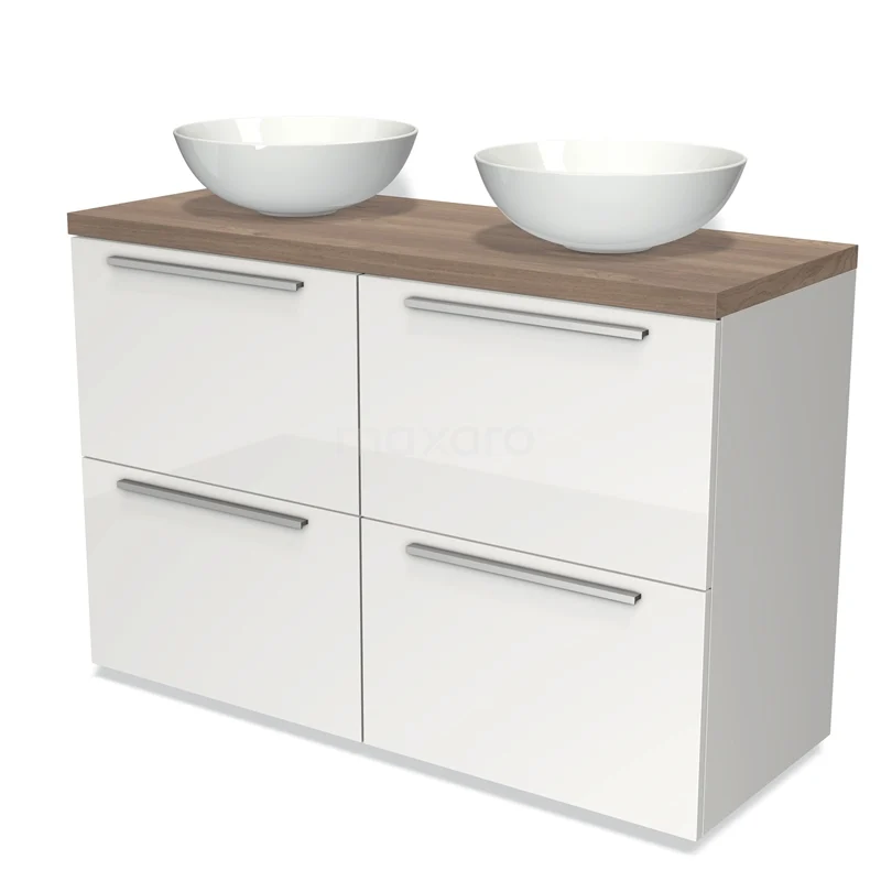 Modulo Plato Vanity units for countertop basin | 120 cm High-gloss white Flat front Mid brown oak worktop 4 high drawers BMK14-00094