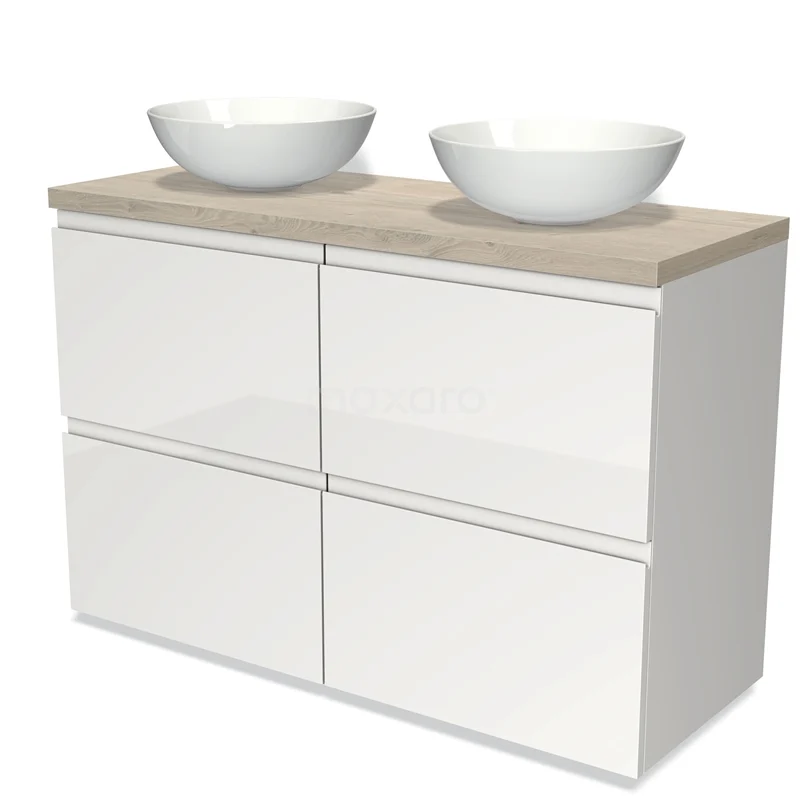 Badmöbel für Waschtischunterschrank 120cm Modulo Plato Hochglanz Weiß 4 hohe Schubladen Grifflos Hellgraue Eiche Platte BMK14-00120 Weißes Badezimmermöbel mit Holzlook Platte, vier Schubladen und zwei Aufsatz Waschbecken, modernes Design für ein stilvolles Badezimmer.