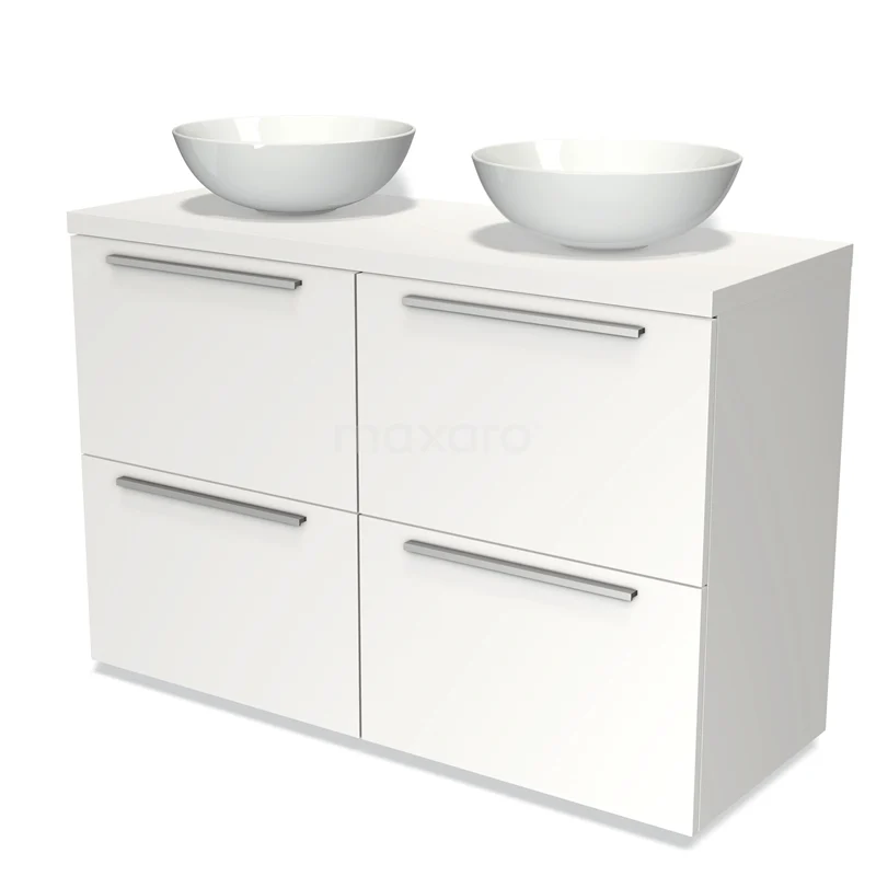 Badmöbel für Waschtischunterschrank mit Konsole 120cm Modulo Plato Matt Weiß 4 hohe Schubladen Flach BMK14-00130 Weißer Badschrank mit Softclose-Schubladen, modernem Design, Doppelwaschbecken und verchromten Haltegriffen für ein stilvolles Badezimmer.