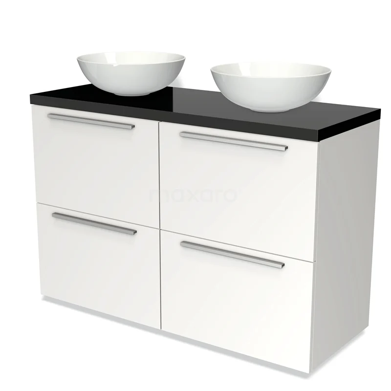 Modulo Plato Vanity units for countertop basin | 120 cm Matte white Flat front High-gloss black worktop 4 high drawers BMK14-00132