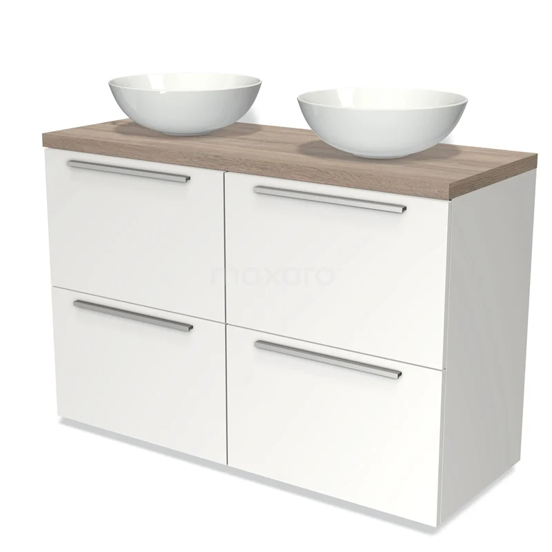 Modulo Plato Vanity units for countertop basin | 120 cm Matte white Flat front Oak worktop 4 high drawers BMK14-00133