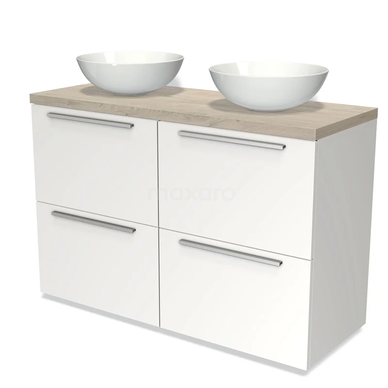 Modulo Plato Vanity units for countertop basin | 120 cm Matte white Flat front Light grey oak worktop 4 high drawers BMK14-00134