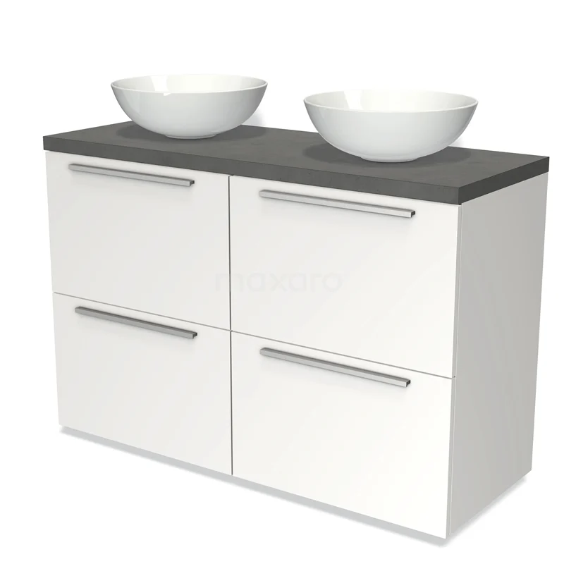 White bathroom unit with double countertop wash basins, dark grey worktop and four drawers, modern design and metal handles.
