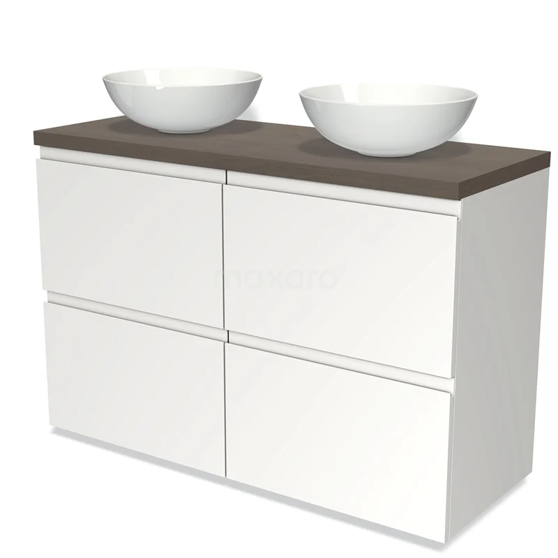 Modulo Plato Vanity units for countertop basin | 120 cm Matte white Handle-less front Dark brown oak worktop 4 high drawers BMK14-00165