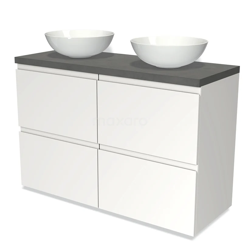 Badmöbel für Aufsatzwaschbecken 120cm Modulo Plato Matt Weiß 4 hohe Schubladen Grifflos Dunkelgrauer Beton Platte BMK14-00168 Weißes schwebendes Badezimmermöbel mit vier Schubladen, anthrazit Platte und zwei runden Aufsatzwaschbecken, ideal für ein modernes Badezimmer.