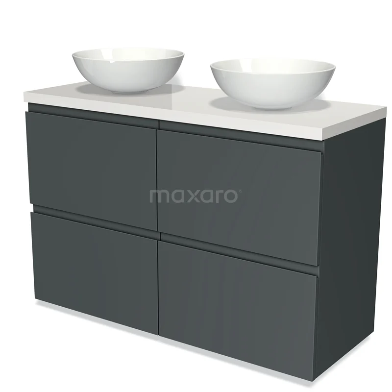 Modulo Plato Vanity units for countertop basin | 120 cm Dark grey Handle-less front High-gloss white worktop 4 high drawers BMK14-00199