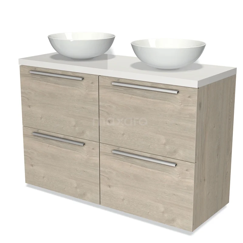 Wooden bathroom unit with four drawers, white ceramic countertop wash basins and modern design, ideal for stylish bathrooms.