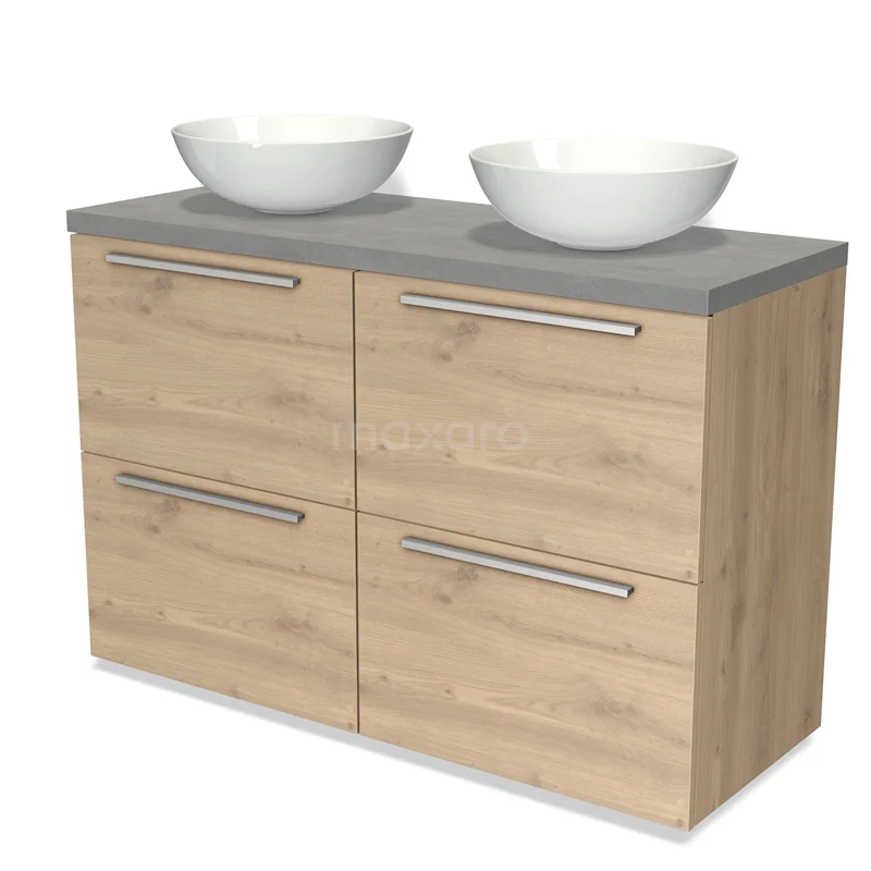 Modulo Plato Vanity units for countertop basin | 120 cm Light brown oak Flat front Light grey concrete worktop 4 high drawers BMK14-00321