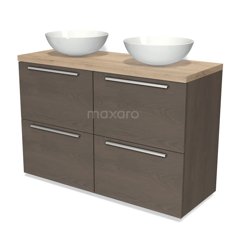 Modulo Plato Vanity units for countertop basin | 120 cm Dark brown oak Flat front Light brown oak worktop 4 high drawers BMK14-00373