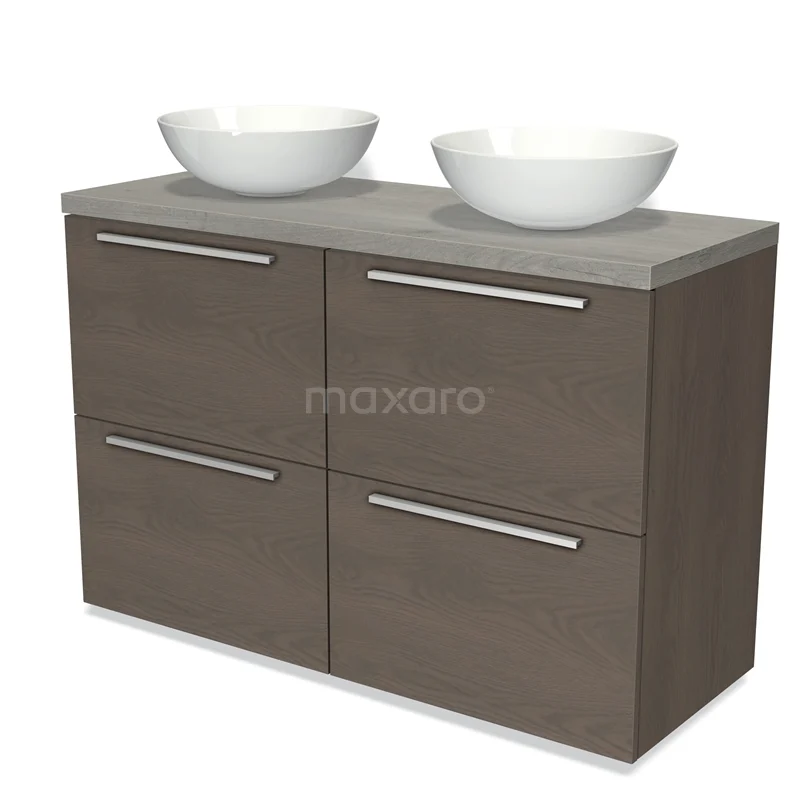 Modulo Plato Vanity units for countertop basin | 120 cm Dark brown oak Flat front Grey oak worktop 4 high drawers BMK14-00376