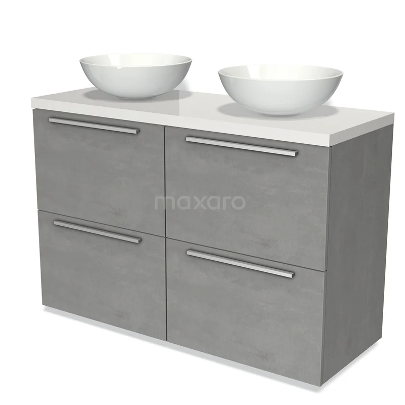 Badmöbel für Waschtischunterschrank mit Konsole 120cm Modulo Plato hellgrauer Beton 4 hohe Schubladen Flach Hochglanz Weiß Platte BMK14-00423 Graue Badmöbel mit Doppelwaschbecken aus Keramik und schlanken Schubladen, modernes Design für optimale Badezimmerlagerung.
