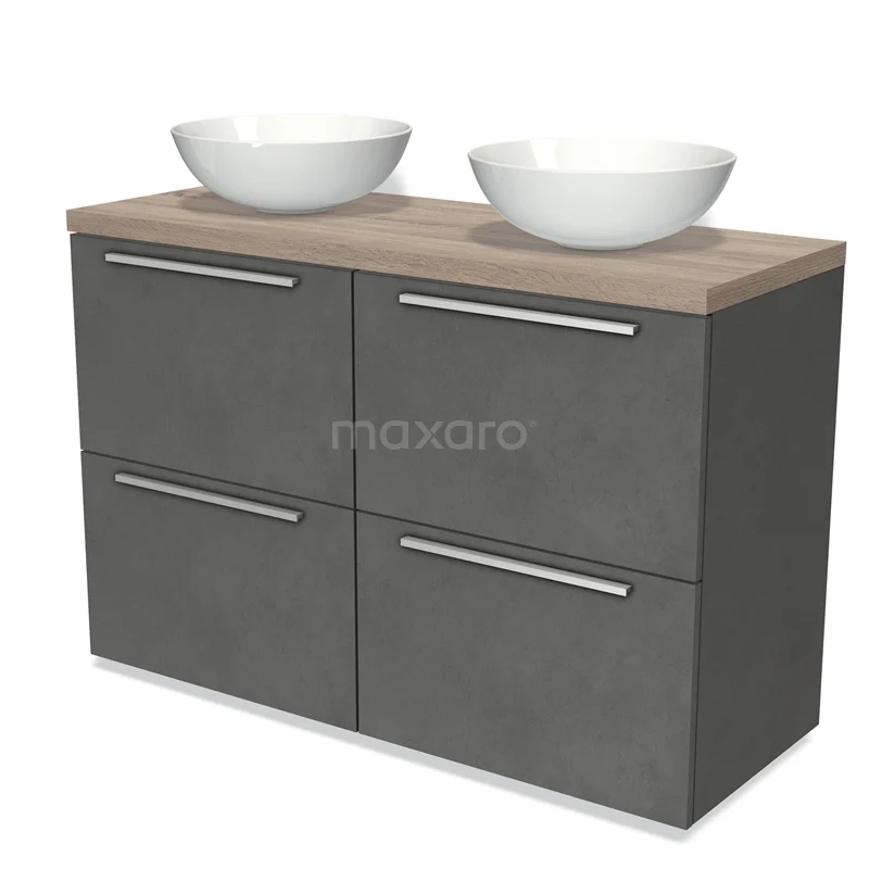 Modulo Plato Vanity units for countertop basin | 120 cm Dark grey concrete Flat front Oak worktop 4 high drawers BMK14-00441