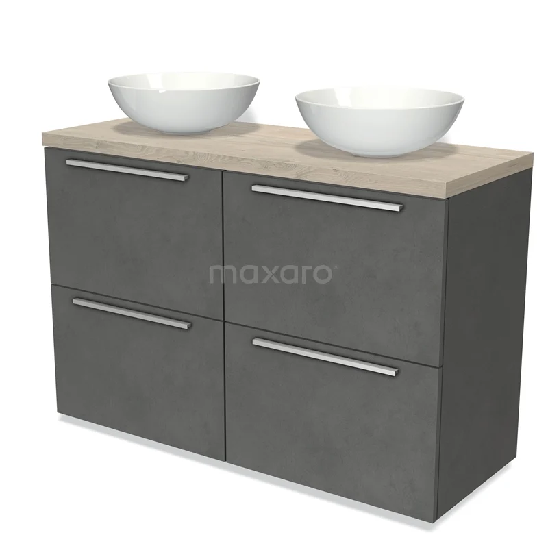 Modulo Plato Vanity units for countertop basin | 120 cm Dark grey concrete Flat front Light grey oak worktop 4 high drawers BMK14-00442