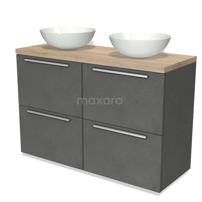 Modulo Plato Vanity units for countertop basin | 120 cm Dark grey concrete Flat front Light brown oak worktop 4 high drawers BMK14-00443