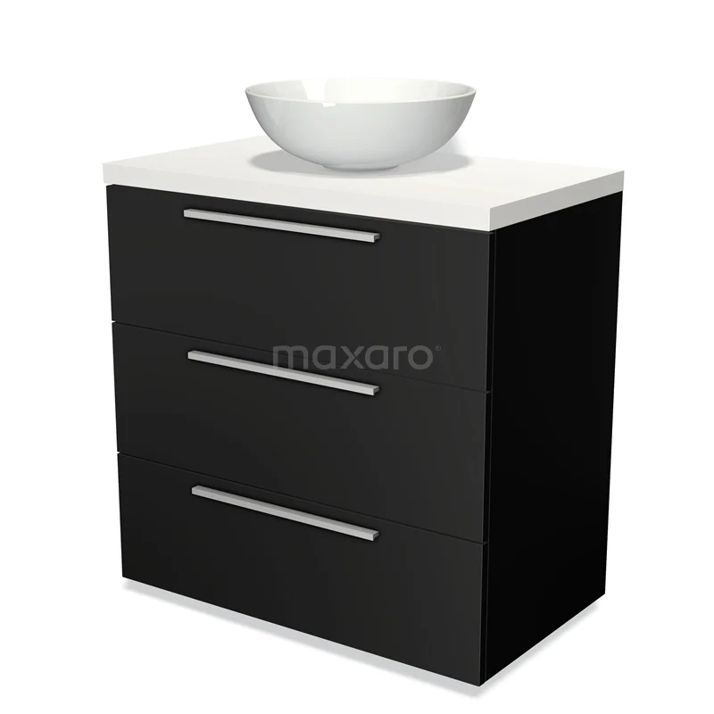 Modulo Plato Vanity units for countertop basin | 80 cm Matte black Flat front Matte white worktop 3 drawers BMK19-00004