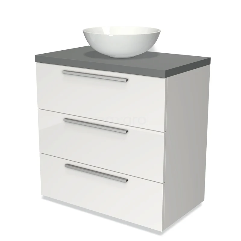 Badmöbel für Waschtischunterschrank mit Konsole 80cm Modulo Plato Hochglanz Weiß 3 Schubladen Flach Mittelgrau Platte BMK19-00086 Weißer Badschrank mit drei Schubladen, graue Badmöbelplatte und rundes Waschbecken; modernes Design und praktischer Stauraum.