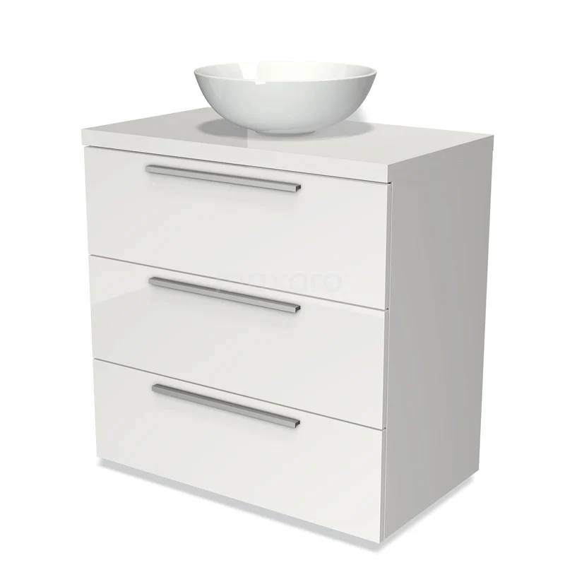 Badmöbel für Aufsatzwaschbecken 80cm Modulo Plato Hochglanz Weiß 3 Schubladen Flach BMK19-00087 Weißes Badmöbel mit drei Schubladen, chromatischen Griffen und einem runden Waschbecken, modernes Design für stilvolle Bäder.