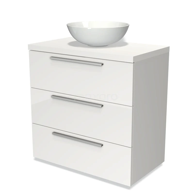 Badmöbel für Waschtischunterschrank mit Konsole 80cm Modulo Plato Hochglanz Weiß 3 Schubladen Flach Matt Weiß Platte BMK19-00088 Weißer Badschrank mit drei Schubladen und einem runden weißen Waschbecken, modernes Design mit metallischen Haltegriffen.