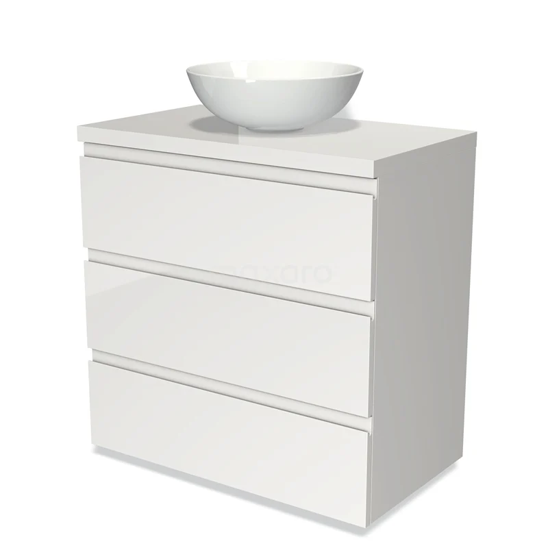 Badmöbel für Aufsatzwaschbecken 80cm Modulo Plato Hochglanz Weiß 3 Schubladen Grifflos BMK19-00115 Weißes Waschtisch mit drei Schubladen, modernes Erscheinungsbild, Keramik Aufsatzwaschbecken, ideal für einen klaren Badezimmerstil.