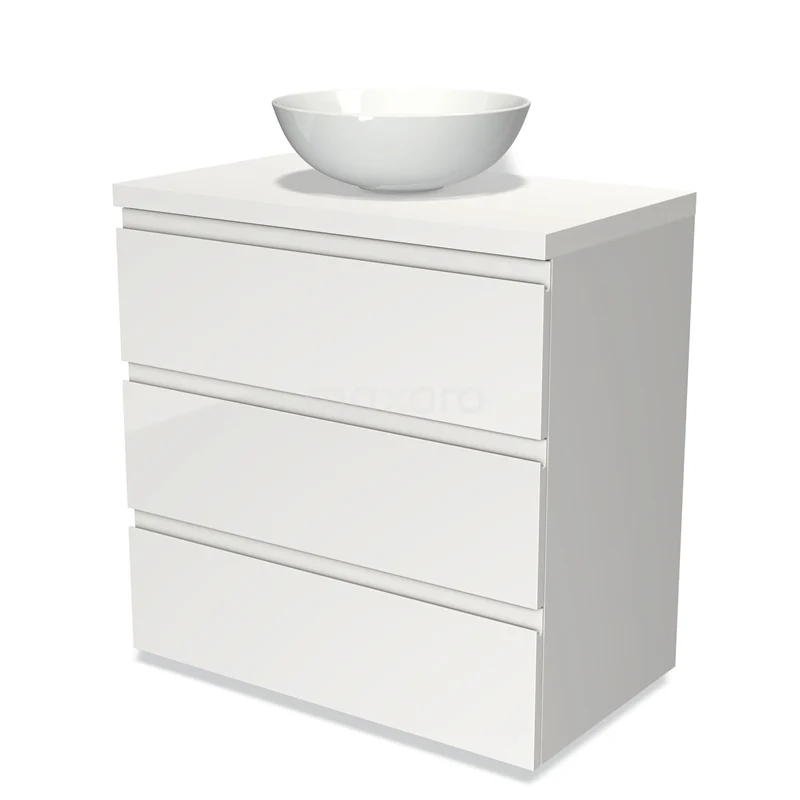 Badmöbel für Waschtischunterschrank mit Konsole 80cm Modulo Plato Hochglanz Weiß 3 Schubladen Grifflos Matt Weiß Platte BMK19-00116 Weißer Badschrank mit drei Schubladen und einem modernen Aufsatzwaschbecken, hergestellt aus hochwertigem Material für eine stilvolle Ausstrahlung.