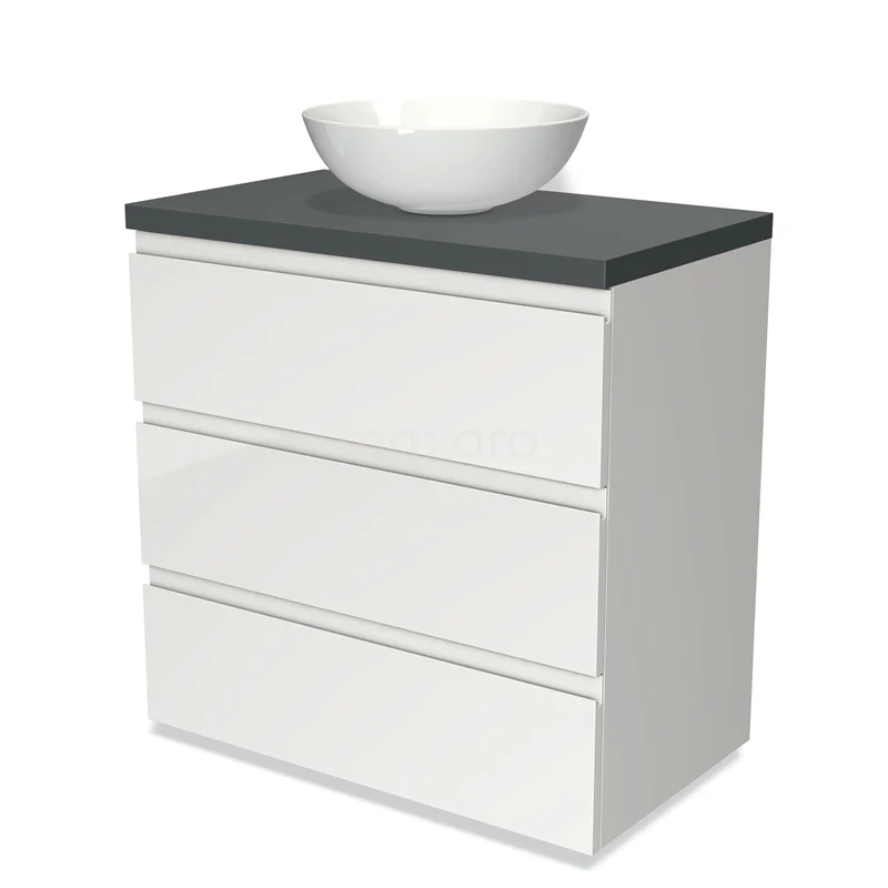 Badmöbel für Aufsatzwaschbecken 80cm Modulo Plato Hochglanz Weiß 3 Schubladen Grifflos Dunkelgrau Platte BMK19-00117 Weißes Badezimmermöbel mit drei Schubladen, schwarzer Platte und keramischem Aufsatzwaschbecken, modernes Design.