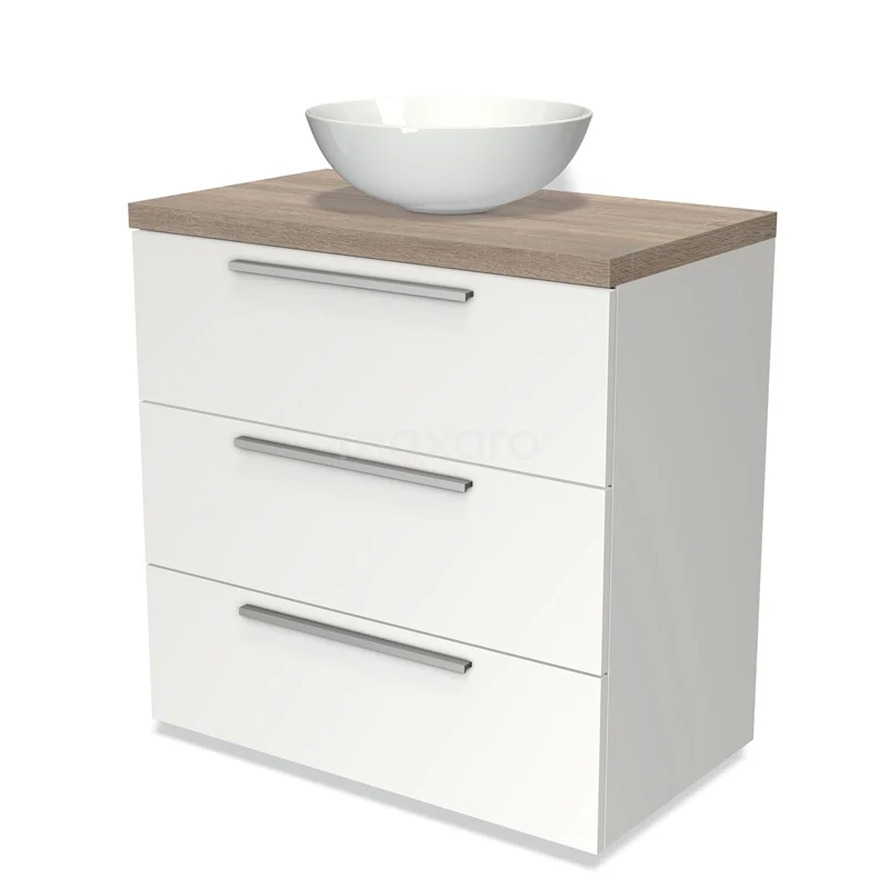 Modulo Plato Vanity units for countertop basin | 80 cm Matte white Flat front Oak worktop 3 drawers BMK19-00133