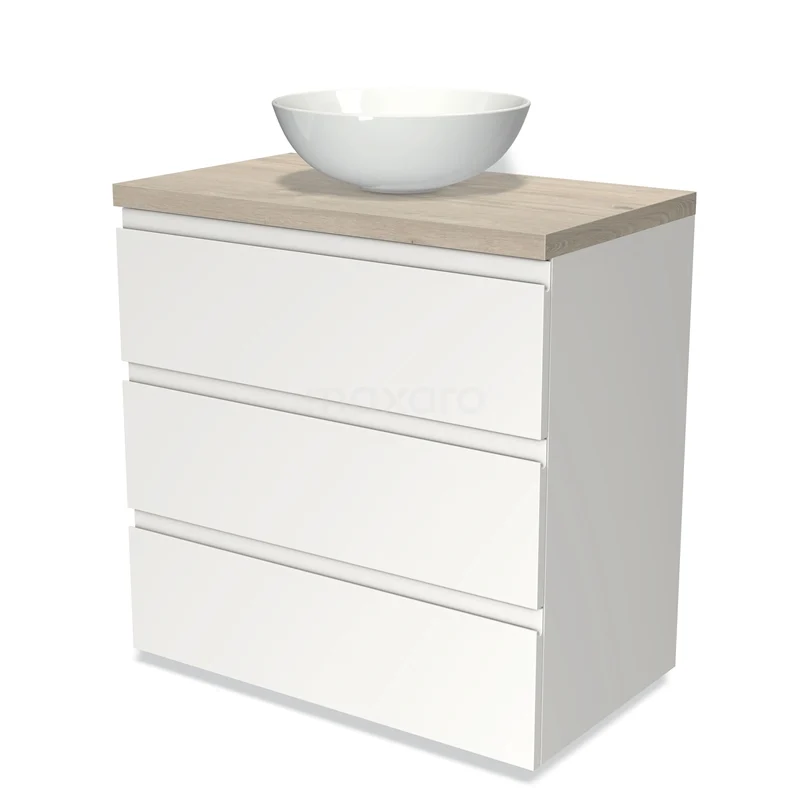 Badmöbel für Aufsatzwaschbecken 80cm Modulo Plato Matt Weiß 3 Schubladen Grifflos hellgraue Eiche Platte BMK19-00162 Weißes Badezimmermöbel mit matter Oberfläche, Holzplatte und einem runden Aufsatzwaschbecken; modernes und schlankes Design.