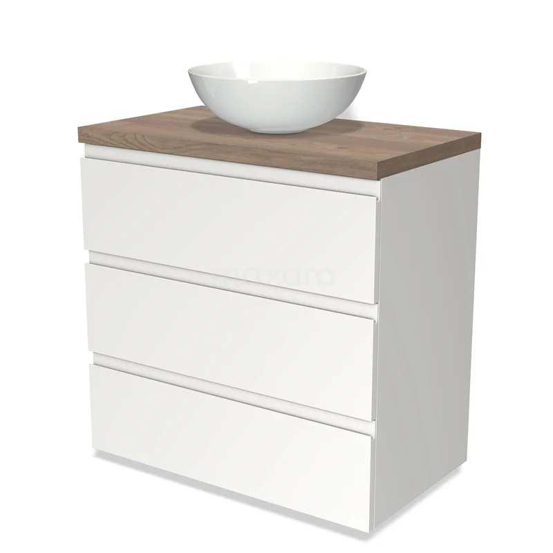 Badmöbel für Waschtischunterschrank mit Konsole 80cm Modulo Plato Matt Weiß 3 Schubladen Grifflos mittelbraune Eiche Platte BMK19-00164 Weiße Badmöbelset mit keramischem Aufsatzwaschbecken und Holzplatte, modernes Design mit drei grifflosen Schubladen.