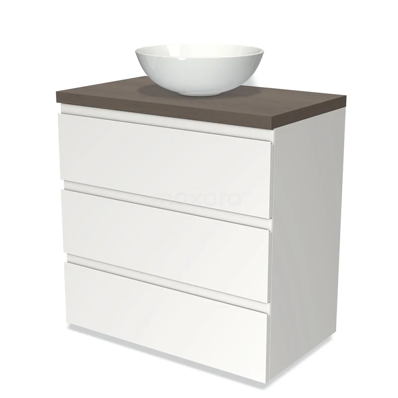 Badmöbel für Aufsatzwaschbecken 80cm Modulo Plato Matt Weiß 3 Schubladen Grifflos dunkelbraune Eiche Platte BMK19-00165 Weißes Badezimmermöbel mit Holzlook Platte und runder Aufsatzwaschbecken, ausgestattet mit drei grifflosen Schubladen für moderne Badezimmerlagerung.