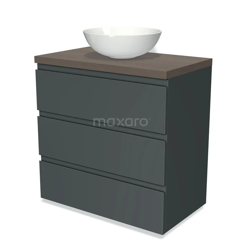 Modulo Plato Vanity units for countertop basin | 80 cm Dark grey Handle-less front Dark brown oak worktop 3 drawers BMK19-00207