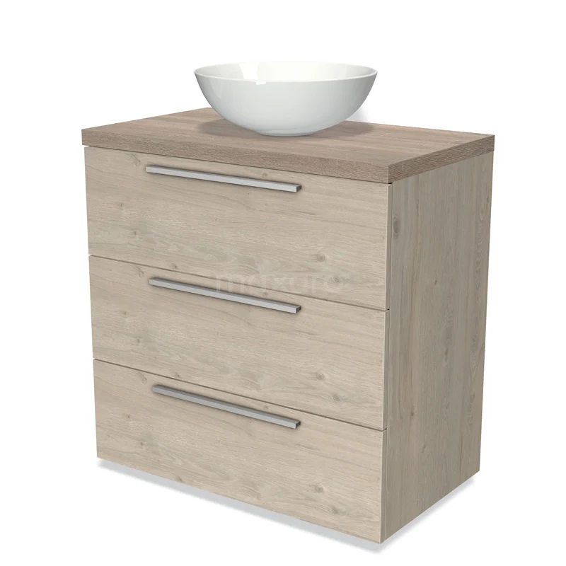 Modulo Plato Vanity units for countertop basin | 80 cm Light grey oak Flat front Oak worktop 3 drawers BMK19-00287