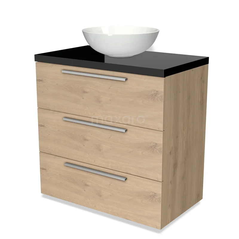 Badmöbel für Aufsatzwaschbecken 80cm Modulo Plato Hellbraune Eiche 3 Schubladen Flach Hochglanz Schwarz Platte BMK19-00314 Holz Badezimmermöbel mit Schwarz Platte und weißen Aufsatzwaschbecken, ausgestattet mit drei Schubladen und modernen Metall Haltegriffen.