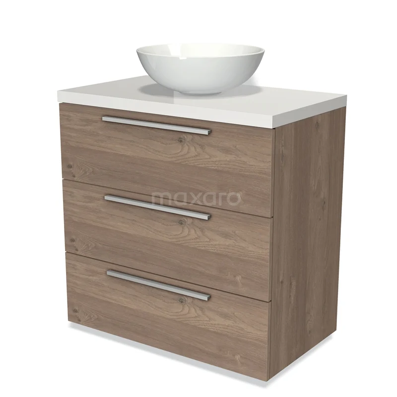 Modulo Plato Vanity units for countertop basin | 80 cm Mid brown oak Flat front High-gloss white worktop 3 drawers BMK19-00339