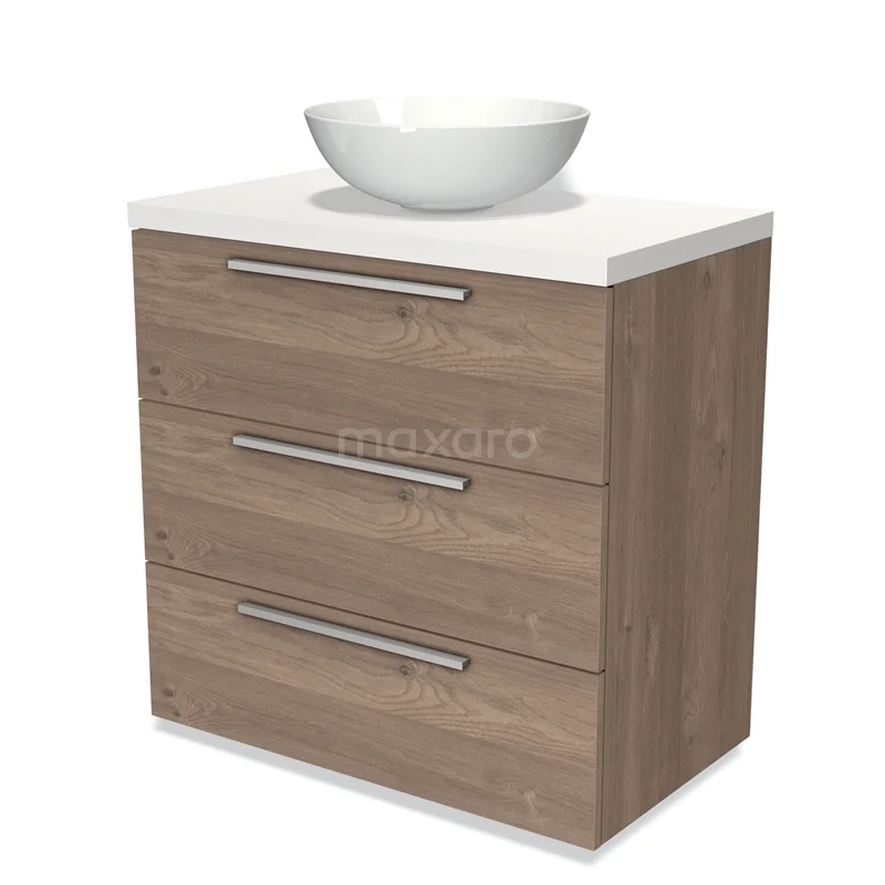 Modulo Plato Vanity units for countertop basin | 80 cm Mid brown oak Flat front Matte white worktop 3 drawers BMK19-00340