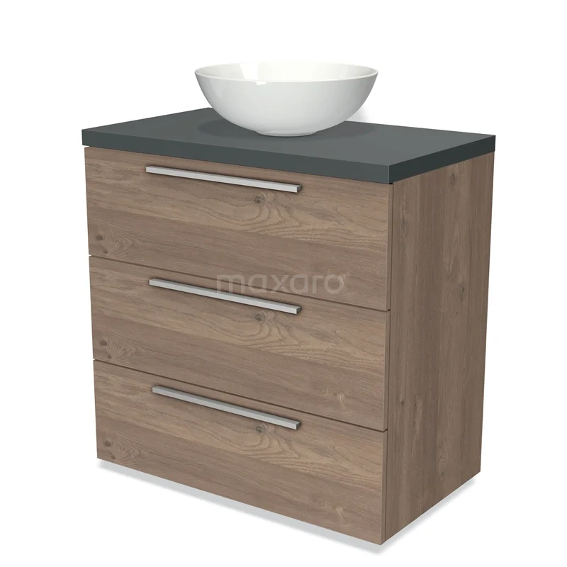 Modulo Plato Vanity units for countertop basin | 80 cm Mid brown oak Flat front Dark grey worktop 3 drawers BMK19-00341