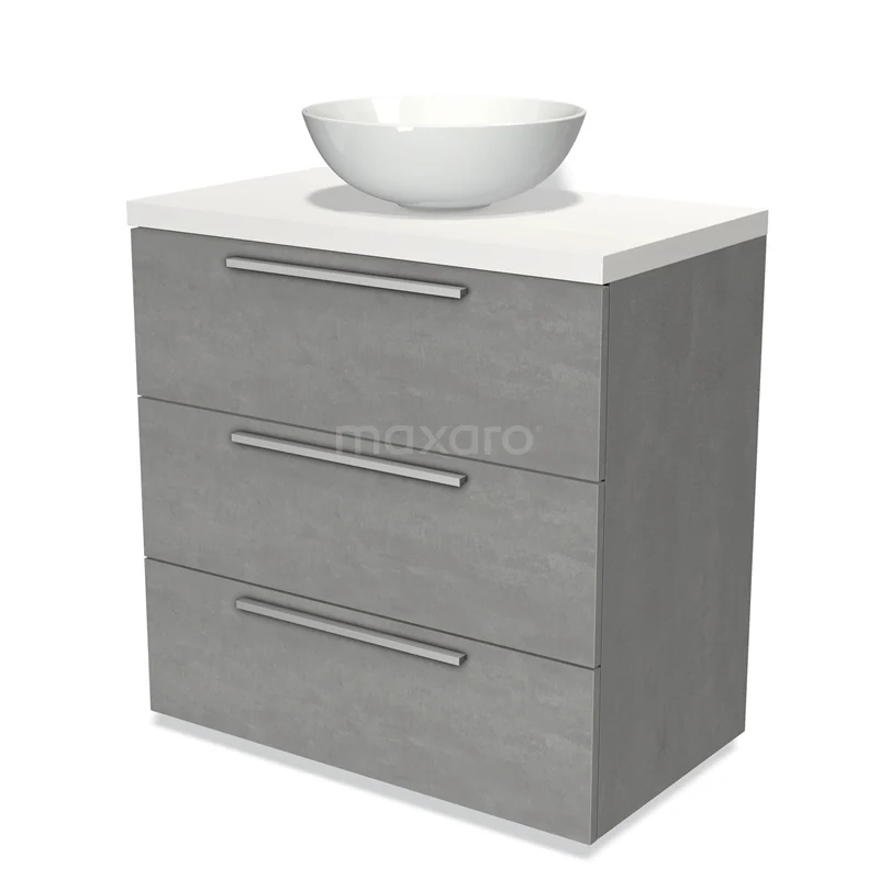 Badmöbel für Waschtischunterschrank mit Konsole 80cm Modulo Plato hellgrauer Beton 3 Schubladen Flach Matt Weiß Platte BMK19-00424 Grauer Badschrank mit weißer Waschbecken, drei Griffen, modernes Design, ideal für stilvolle Badezimmerlagerung.
