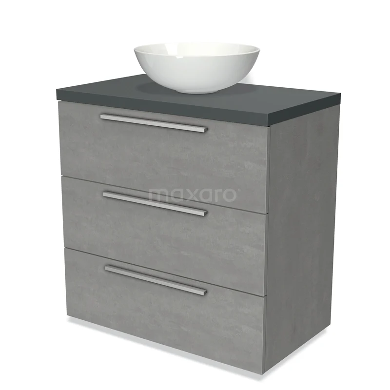 Badmöbel für Waschtischunterschrank mit Konsole 80cm Modulo Plato Hellgrauer Beton 3 Schubladen Flach Dunkelgraue Platte BMK19-00425 Grauer Badschrank mit drei Schubladen, schwarzer Platte und weißem Waschbecken; modernes Design, ideal für Stauraum im Badezimmer.