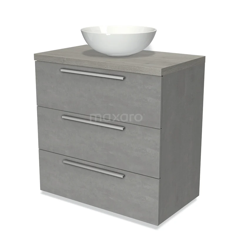 Badmöbel für Aufsatzwaschbecken 80cm Modulo Plato Hellgrauer Beton 3 Schubladen Flache graue Eiche Platte BMK19-00432 Grauer Badschrank mit drei Schubladen, modernes Design und weißem keramischen Aufsatzwaschbecken obenauf. Perfekt für stilvollen Badezimmerraum.
