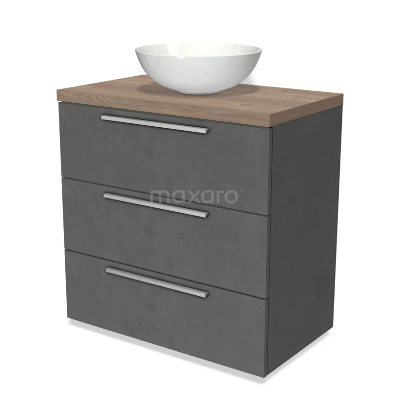 Modulo Plato Vanity units for countertop basin | 80 cm Dark grey concrete Flat front Mid brown oak worktop 3 drawers BMK19-00444