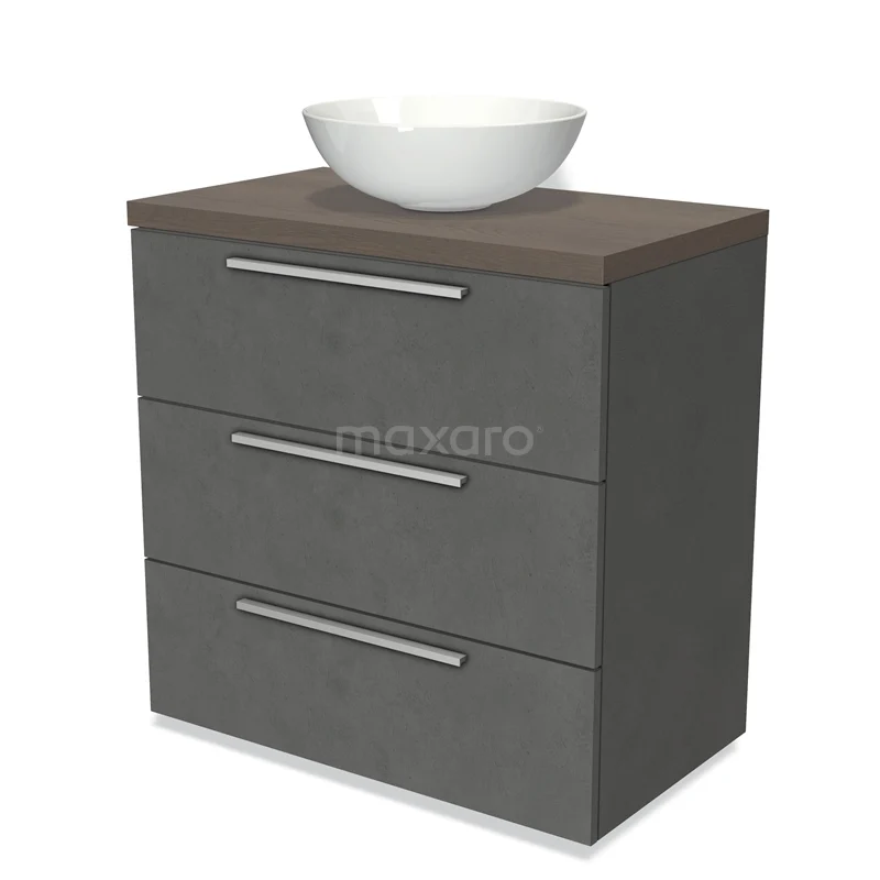 Modulo Plato Vanity units for countertop basin | 80 cm Dark grey concrete Flat front Dark brown oak worktop 3 drawers BMK19-00445
