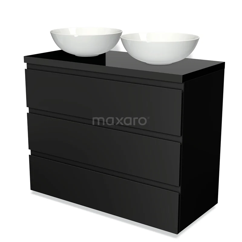 Modulo Plato Vanity units for countertop basin | 100 cm Matte black Handle-less front High-gloss black worktop 3 drawers BMK19-00482