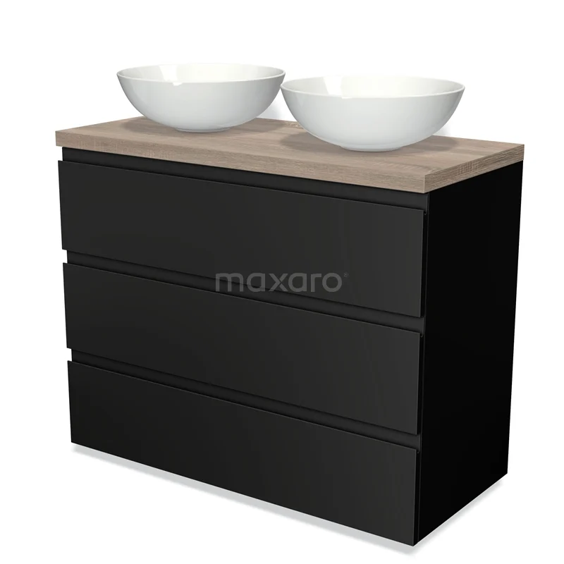 Modulo Plato Vanity units for countertop basin | 100 cm Matte black Handle-less front Oak worktop 3 drawers BMK19-00483