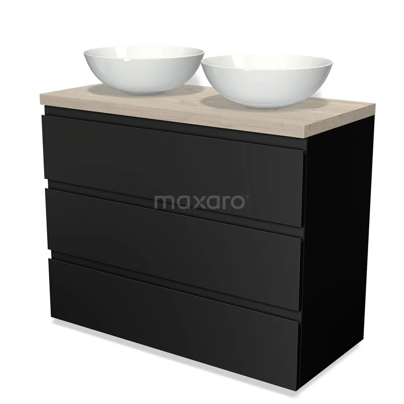 Modulo Plato Vanity units for countertop basin | 100 cm Matte black Handle-less front Light grey oak worktop 3 drawers BMK19-00484