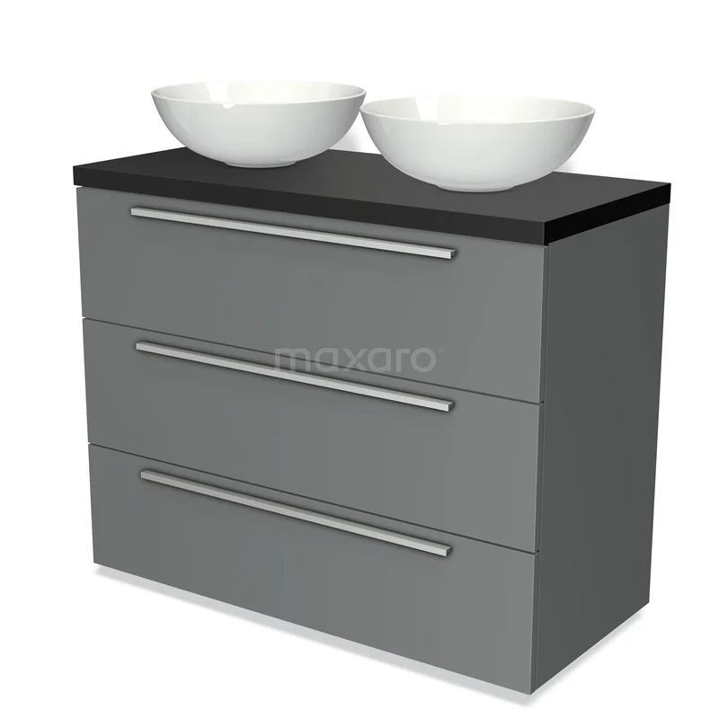 Modulo Plato Vanity units for countertop basin | 100 cm Mid grey Flat front Matte black worktop 3 drawers BMK19-00491