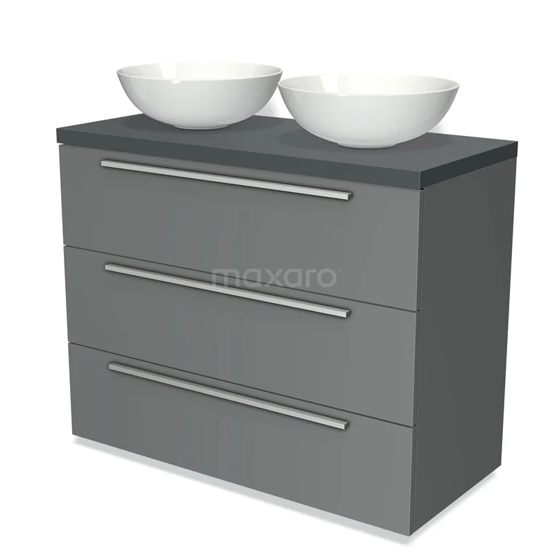 Modulo Plato Vanity units for countertop basin | 100 cm Mid grey Flat front Dark grey worktop 3 drawers BMK19-00495