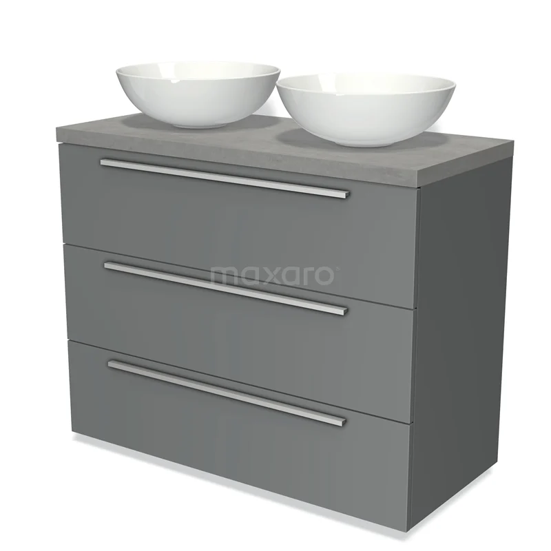 Badmöbel für Aufsatzwaschbecken 100cm Modulo Plato Mittelgrau 3 Schubladen Flach Hellgrauer Beton Platte BMK19-00503 Graue Badmöbelset mit doppelten weißen Aufsatzwaschbecken und drei glatten Schubladen, modernes Design und schlichte metallene Haltegriffe.