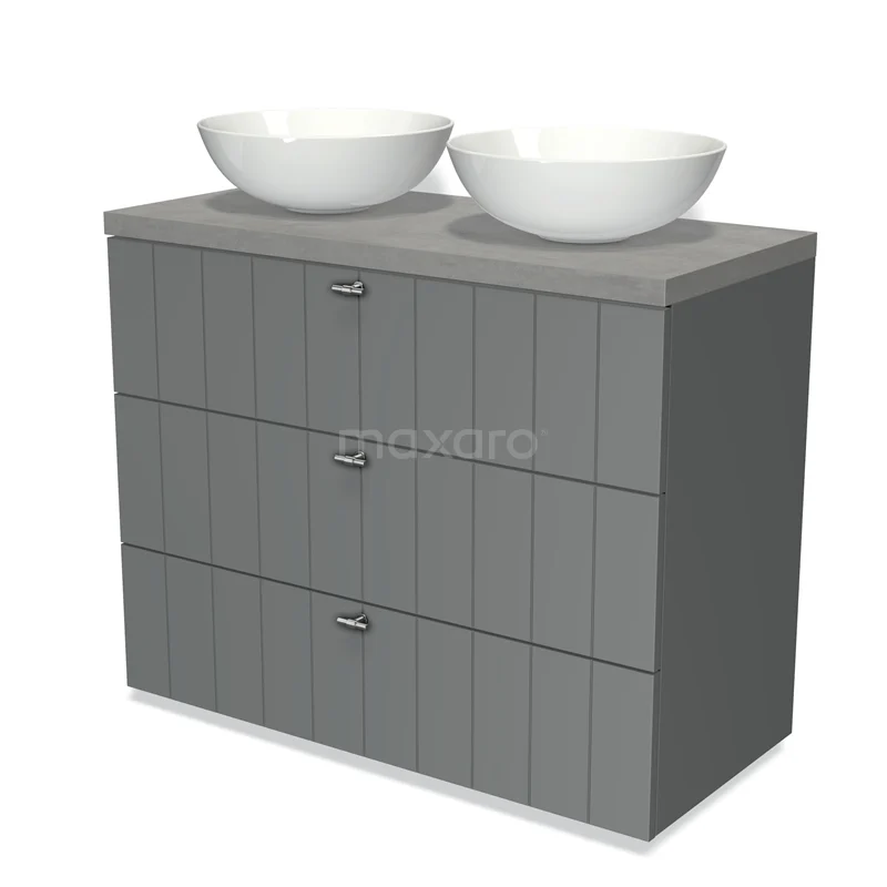 Modulo Plato Vanity units for countertop basin | 100 cm Mid grey Slat front Light grey concrete worktop 3 drawers BMK19-00517