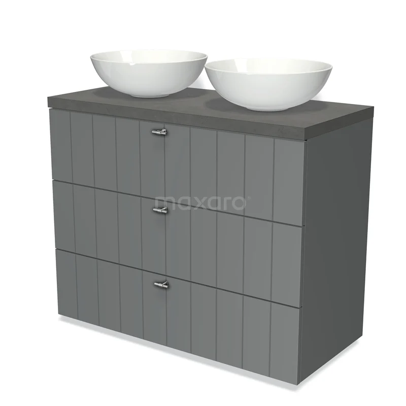 Modulo Plato Vanity units for countertop basin | 100 cm Mid grey Slat front Dark grey concrete worktop 3 drawers BMK19-00518