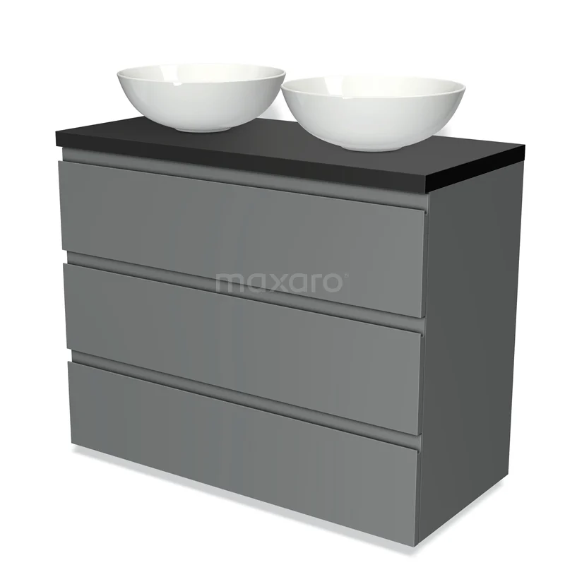 Badmöbel für Waschtischunterschrank mit Konsole 100cm Modulo Plato Mittelgrau 3 Schubladen grifflos Matt Schwarz Platte BMK19-00519 Graue Badmöbelset mit schwarzer Platte und zwei weißen Aufsatzwaschbecken, modernes Design und schlichte Schubladen.