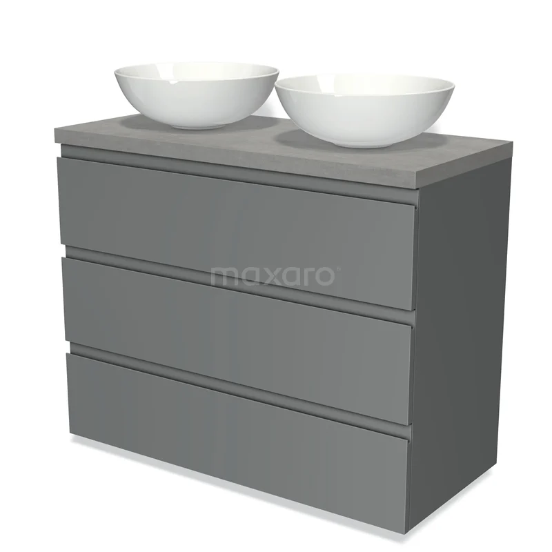 Badmöbel für Aufsatzwaschbecken 100cm Modulo Plato Mittelgrau 3 Schubladen Grifflos Hellgrauer Beton Platte BMK19-00531 Graue Badmöbel mit Doppelwaschbecken, schlichtes Design und Softclose Schubladen, perfekt für ein modernes Badezimmer.